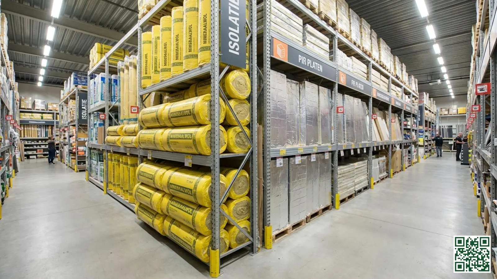 Gestapelde isolatiematerialen zoals glaswol en PIR-platen in een Nederlandse bouwmarkt