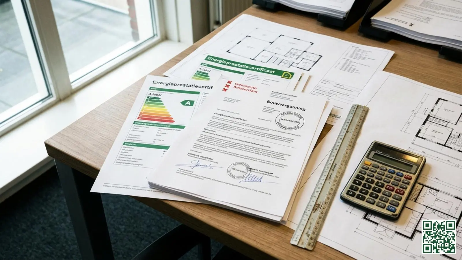 Officiële bouwbesluit documenten en bouwtekeningen voor dakisolatie op een bureau met meetgereedschap en calculator