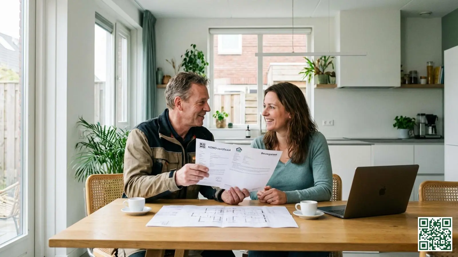Isolatiemonteur toont certificeringsdocumenten aan huiseigenaar in een moderne woonkeuken