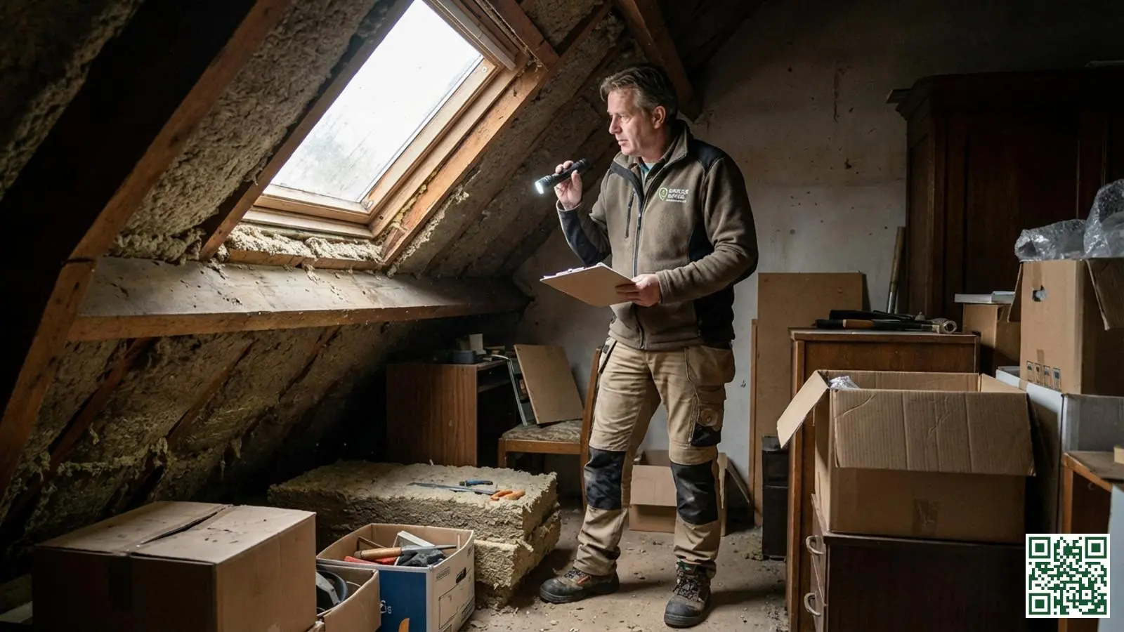 Energieadviseur inspecteert dakisolatie op zolder met klembord in Nederlandse woning