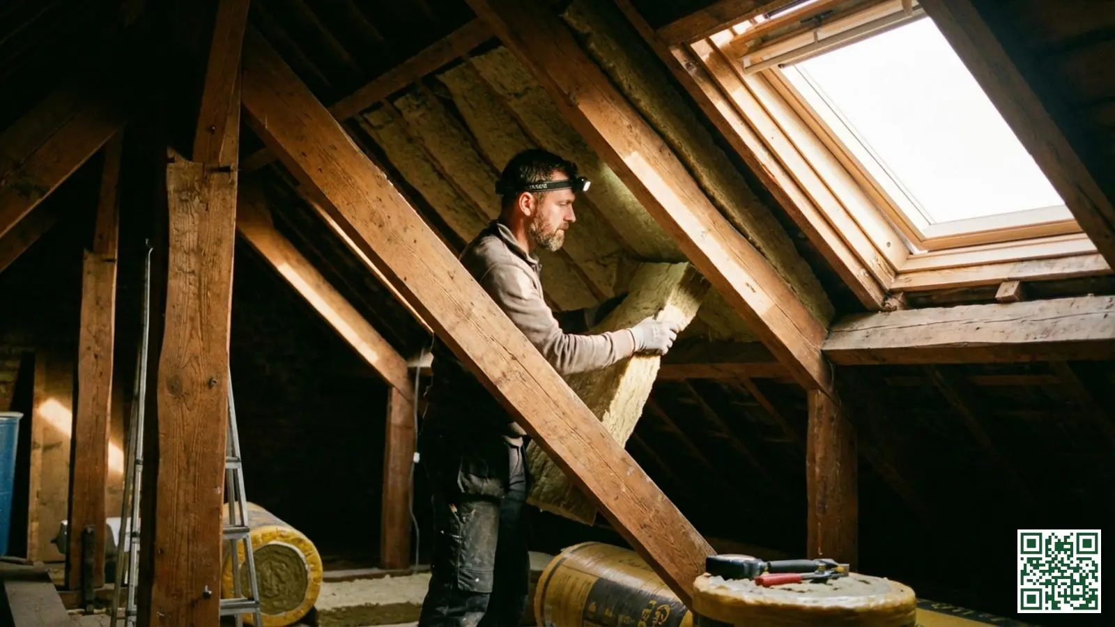 Vakman plaatst dakisolatie aan de binnenkant van een zolder, een vergunningsvrije werkzaamheid in Nederland
