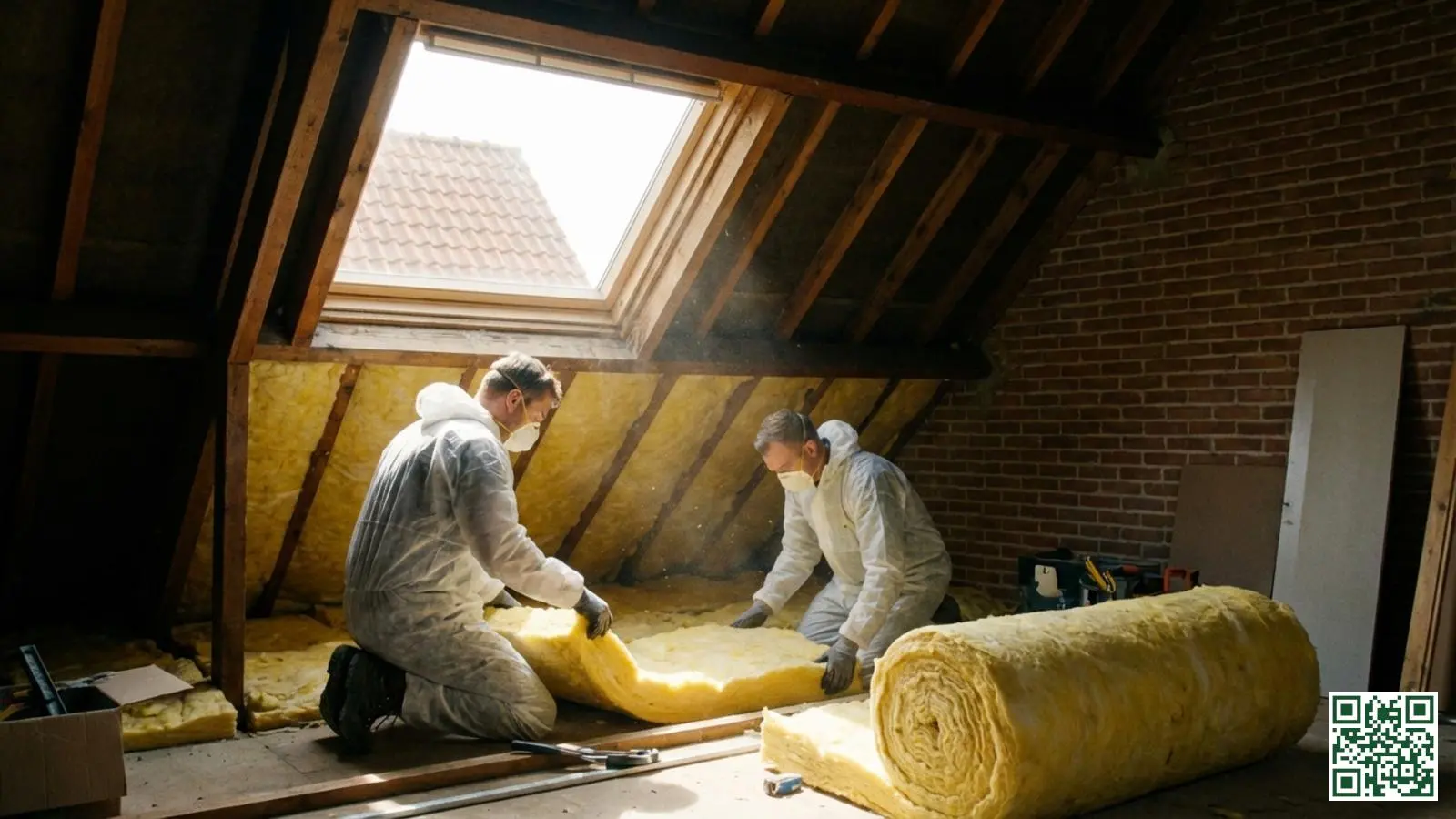 Isolatiemonteurs plaatsen minerale wol tussen dakbalken in de zolder van een grote vrijstaande woning