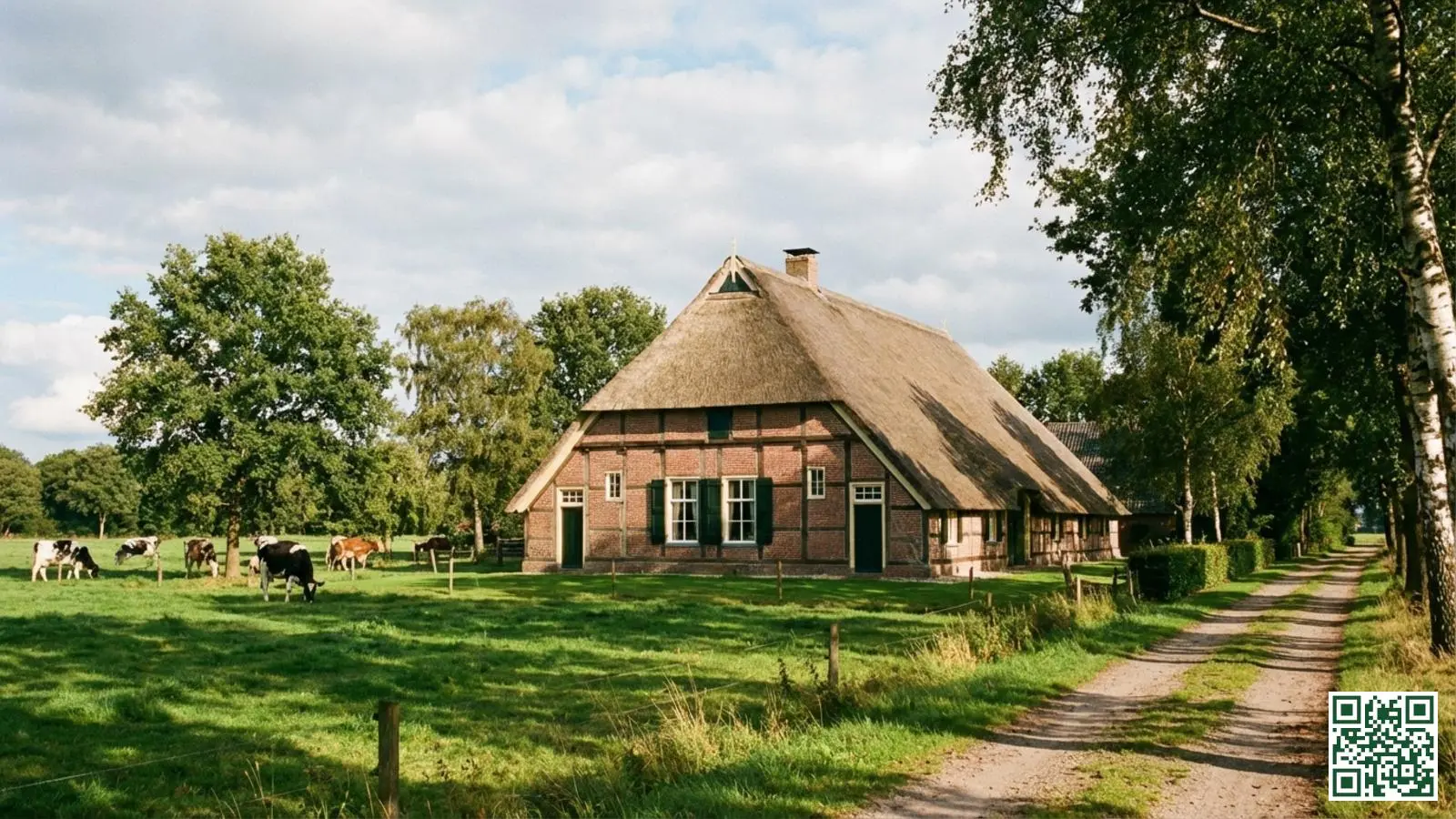 Typische Drentse boerderij met groot karakteristiek dak in het landelijke Drenthe landschap