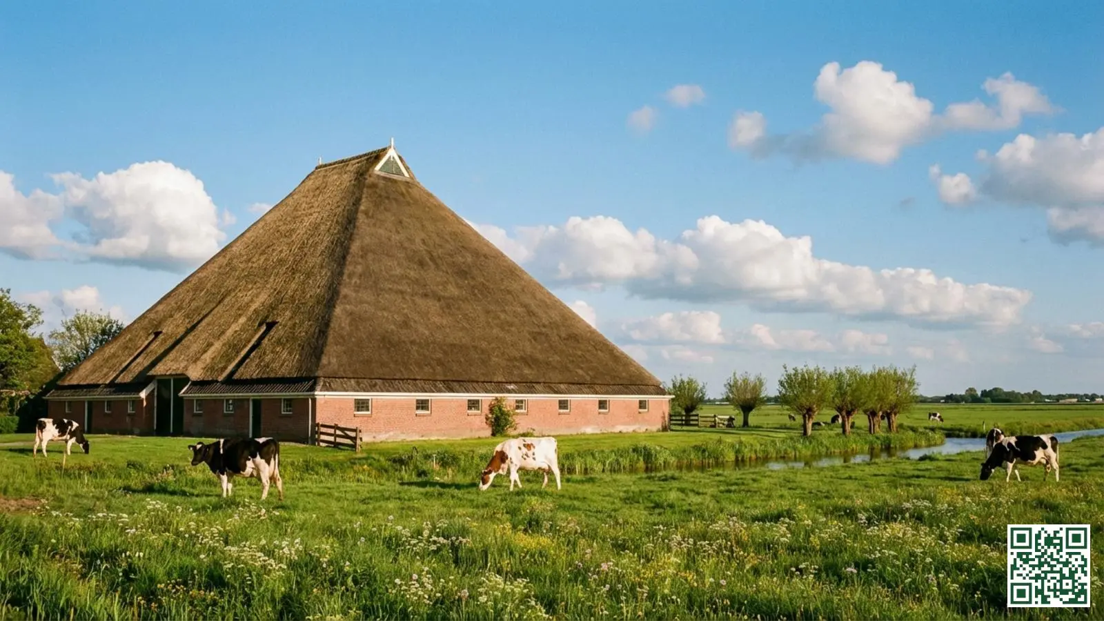 Traditionele Friese stelphoeve met karakteristiek groot piramidevormig dak in het Friese landschap met weilanden