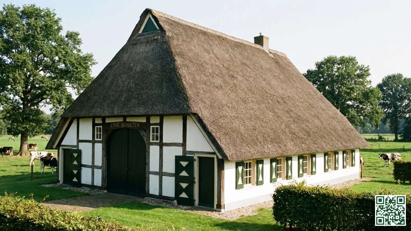 Traditionele Achterhoekse boerderij met groot rieten dak in landelijke omgeving met weilanden