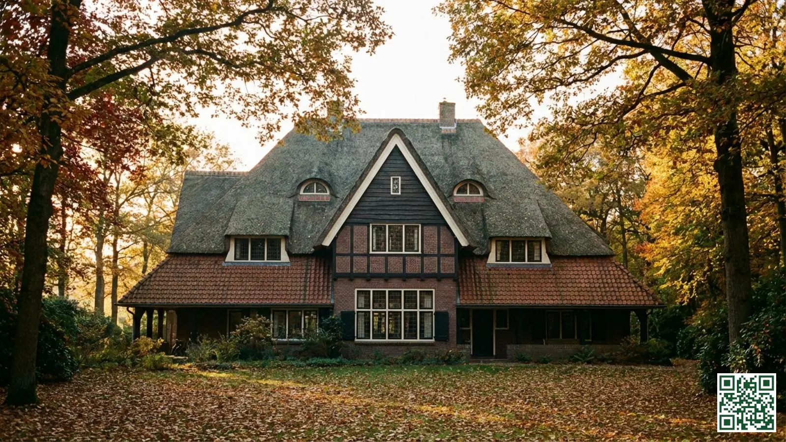 Statige villa op de Veluwe met groot traditioneel pannendak omringd door bomen in herfstsfeer