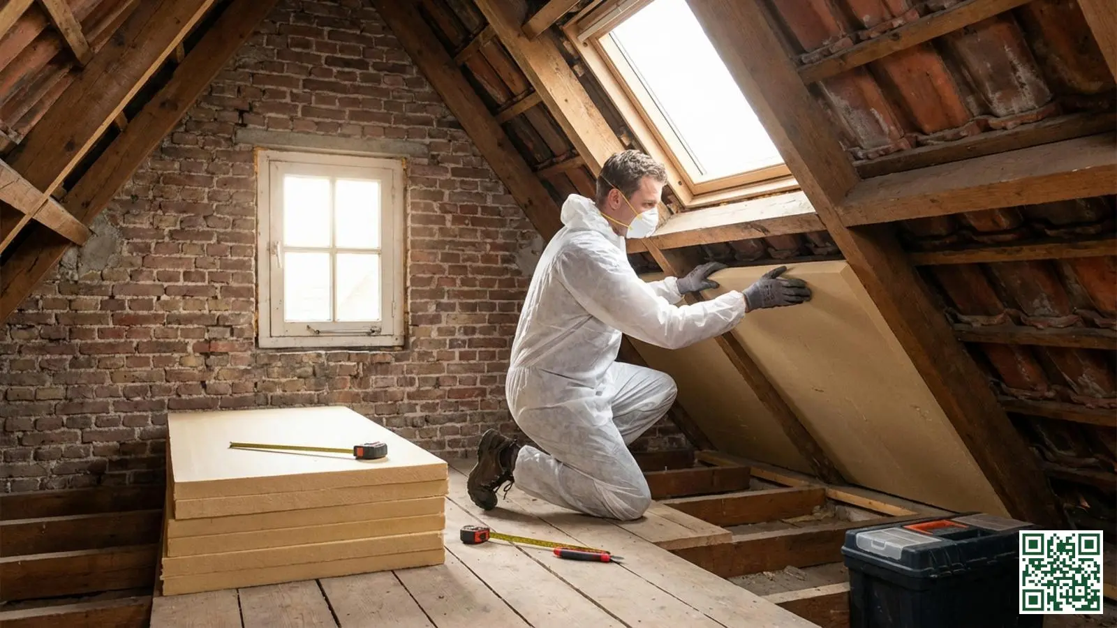 Professionele isolatiemonteur aan het werk op een Groningse zolder met isolatiemateriaal en gereedschap