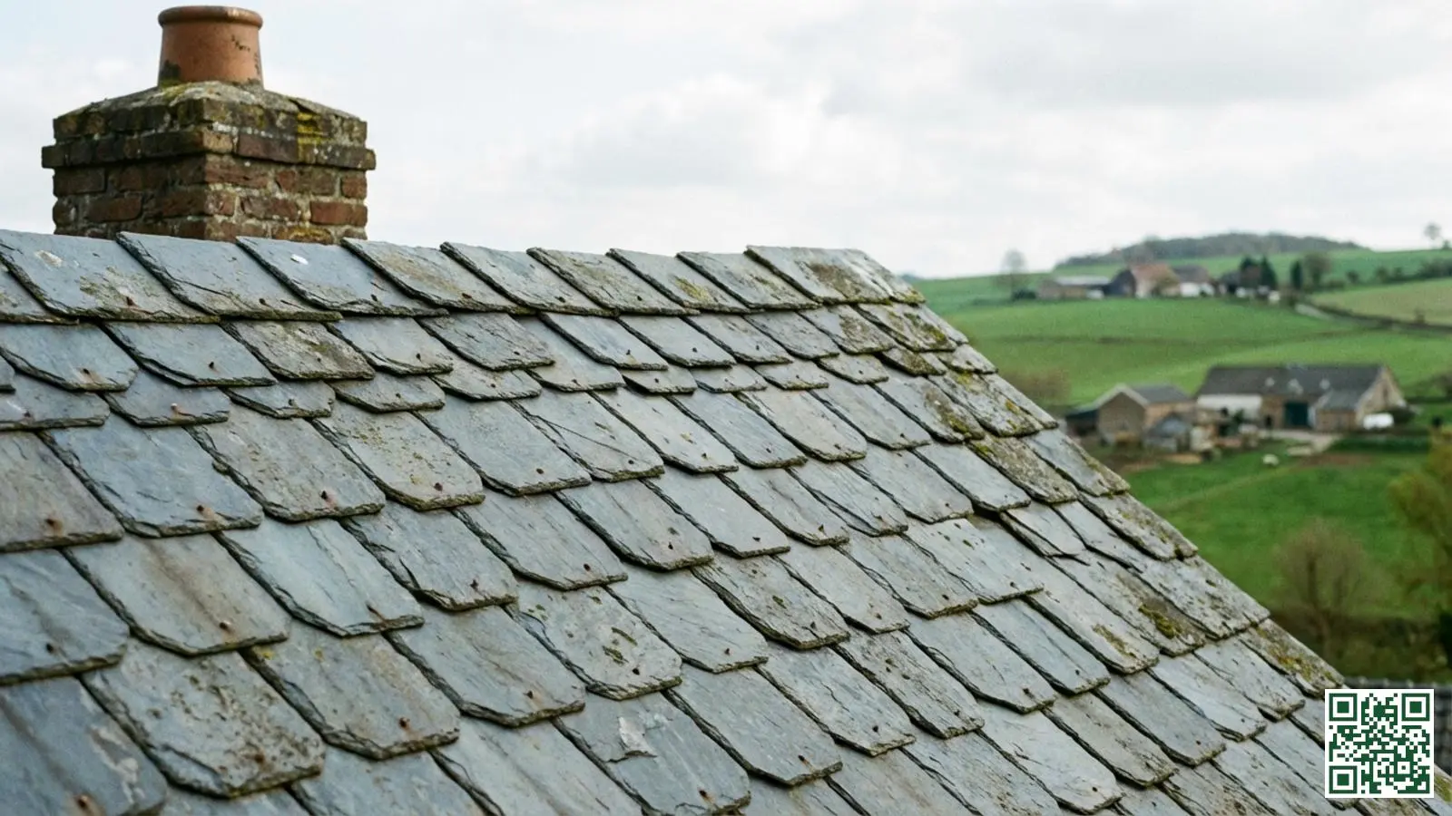 Detailopname van traditioneel grijs leisteen dak op historisch pand in Zuid-Limburg met heuvels op achtergrond