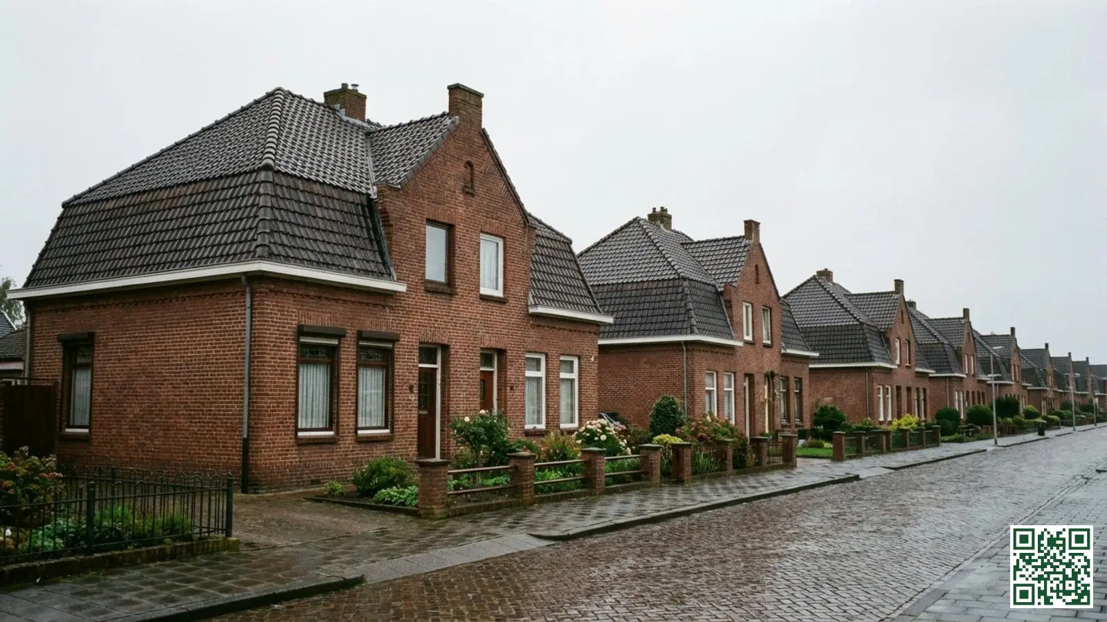 Rij karakteristieke mijnwerkerswoningen met rode bakstenen en pannendaken in Parkstad Limburg