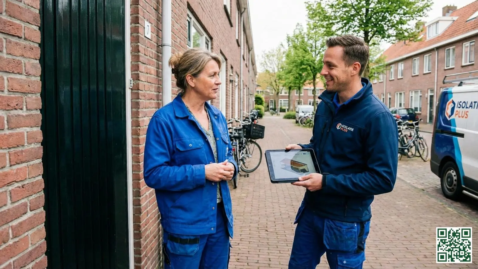 Isolatiespecialist bespreekt offerte voor dakisolatie met huiseigenaar bij een woning in Noord-Holland
