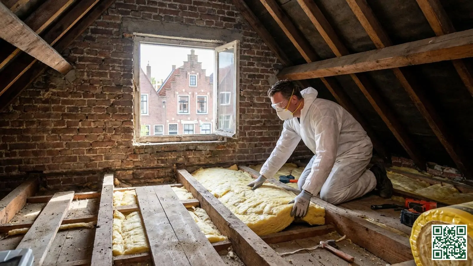 Isolatiespecialist plaatst minerale wol tussen dakspanten van een karakteristieke Overijsselse arbeiderswoning
