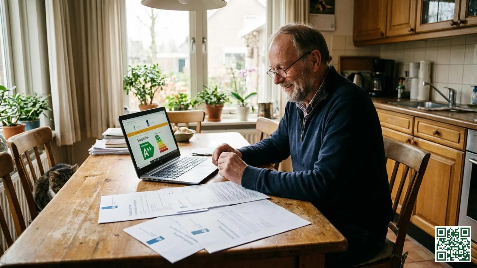 Huiseigenaar bekijkt subsidiedocumenten voor dakisolatie aan de keukentafel met energielabel op laptop