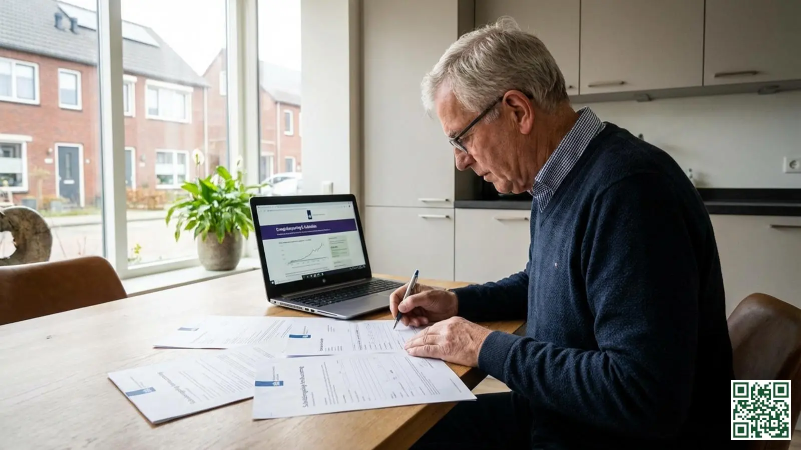 Huiseigenaar bekijkt subsidiedocumenten en formulieren voor dakisolatie aanvraag aan de keukentafel