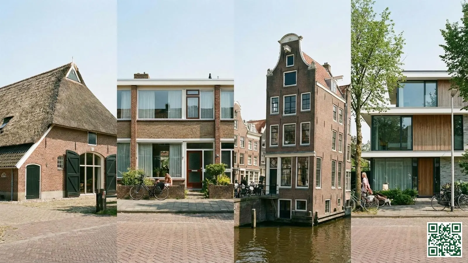 Vier verschillende Nederlandse woningtypes naast elkaar met elk hun kenmerkende dakconstructie