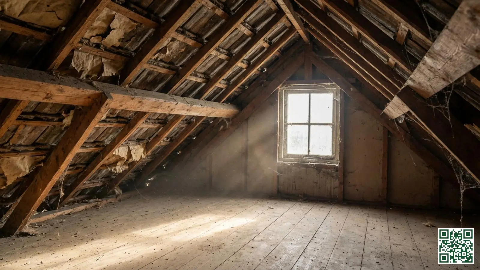 Binnenzijde van een ongeïsoleerde zolder met houten dakconstructie in een naoorlogse woning