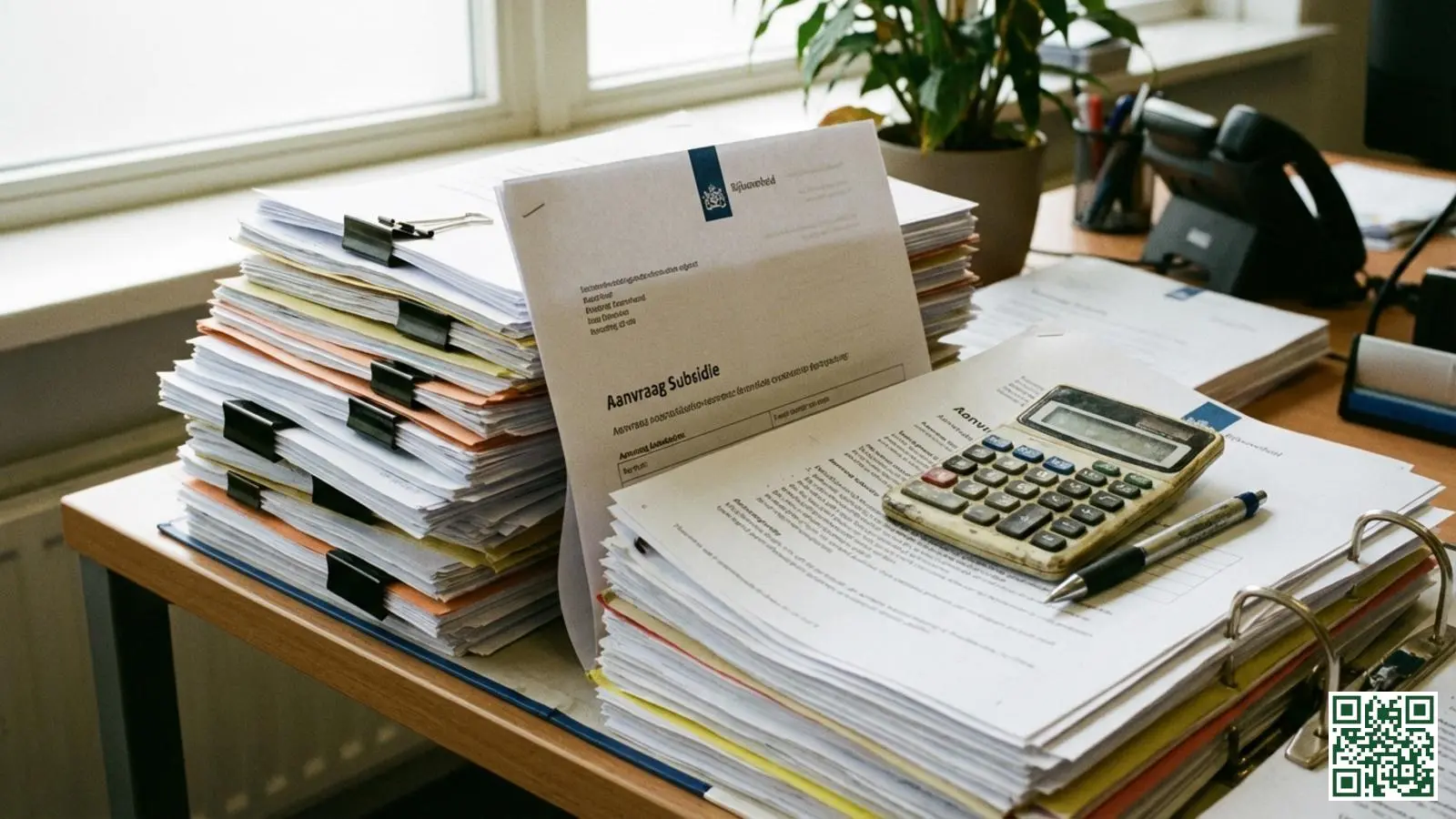 Stapel officiële subsidieformulieren voor dakisolatie met rekenmachine op bureau in kantooromgeving