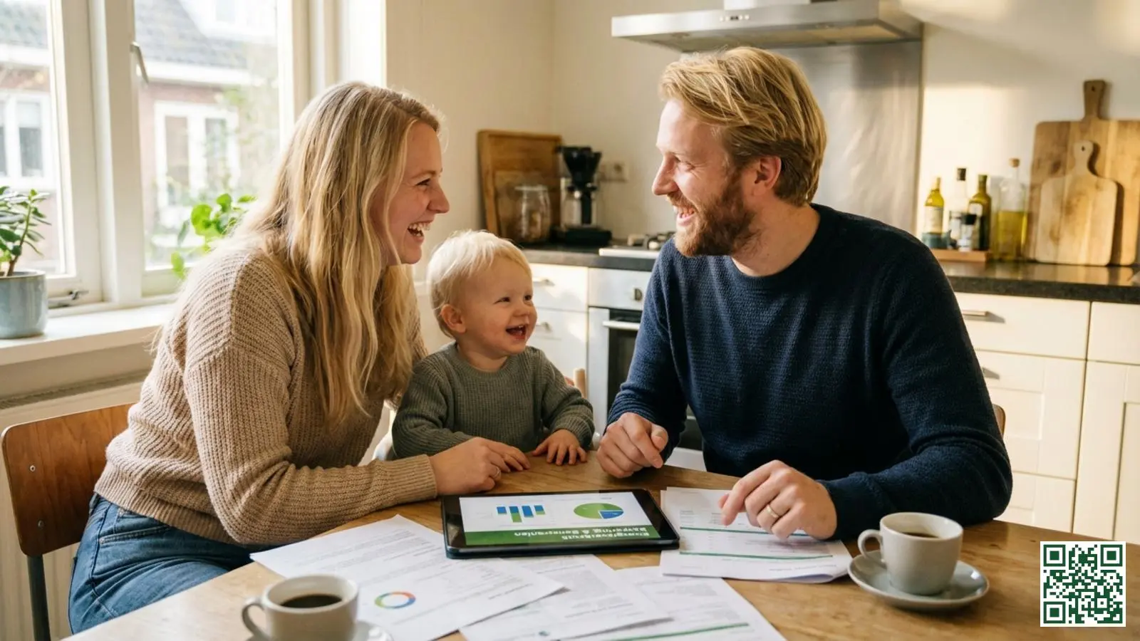 Nederlands gezin bespreekt subsidie mogelijkheden voor dakisolatie aan de keukentafel