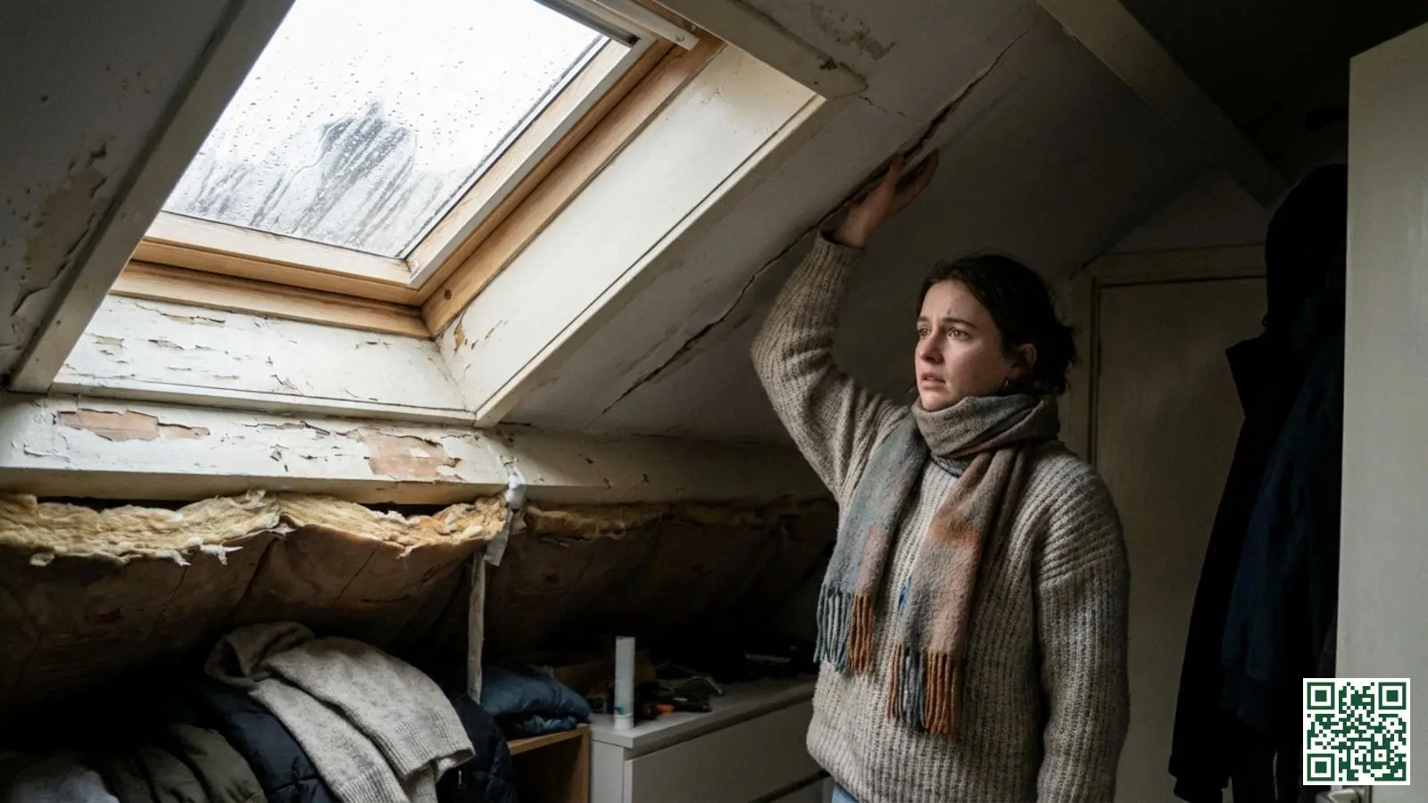 Huurder in een slecht geïsoleerde zolderkamer voelt koude tocht van het dak komen