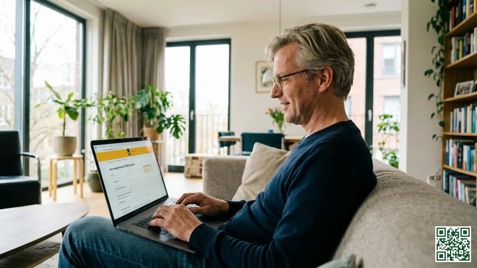 Woningeigenaar vult online ISDE subsidieaanvraag in op laptop in woonkamer