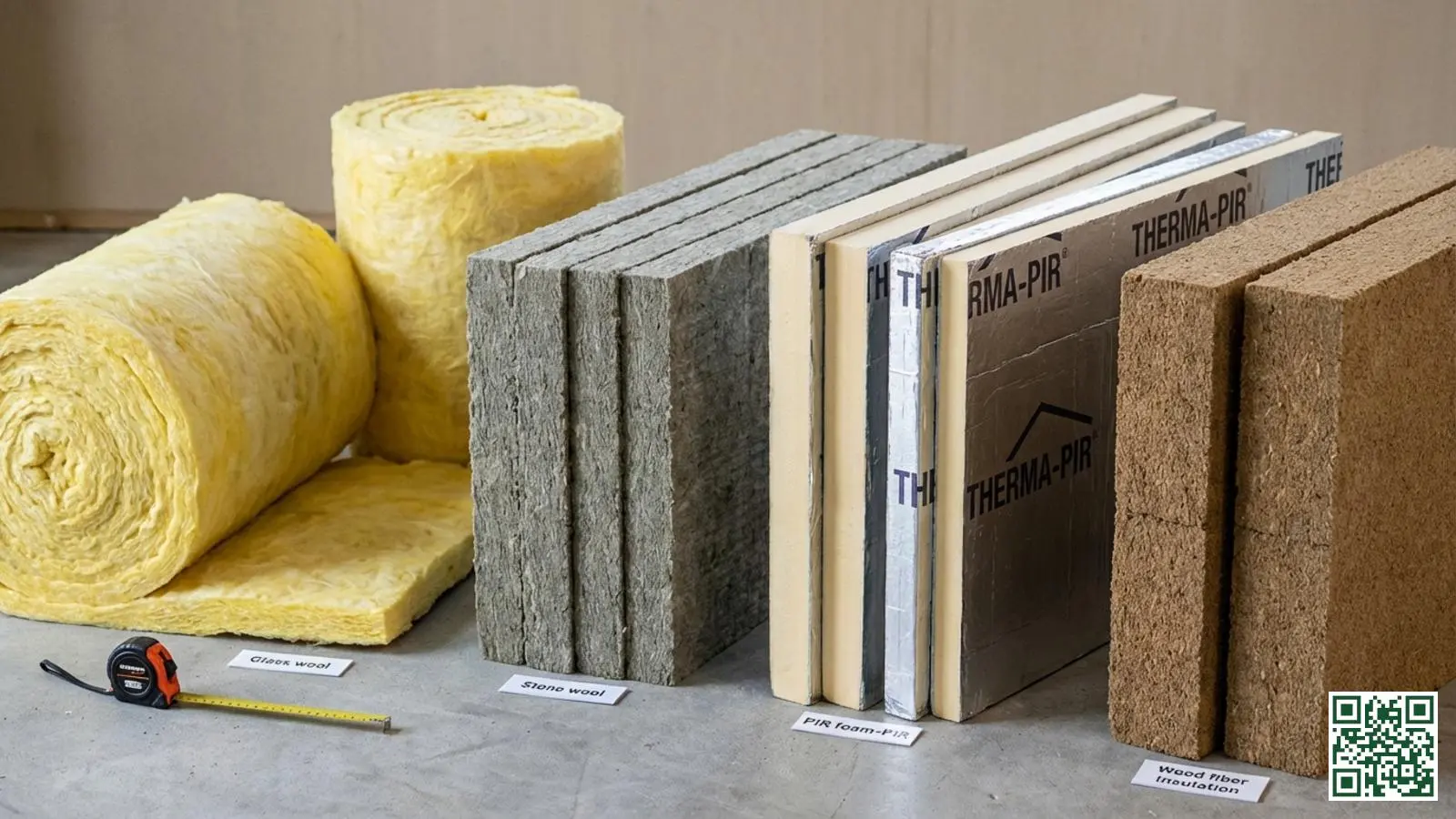 Verschillende isolatiematerialen naast elkaar glaswol steenwol PIR en houtvezel voor subsidievergelijking
