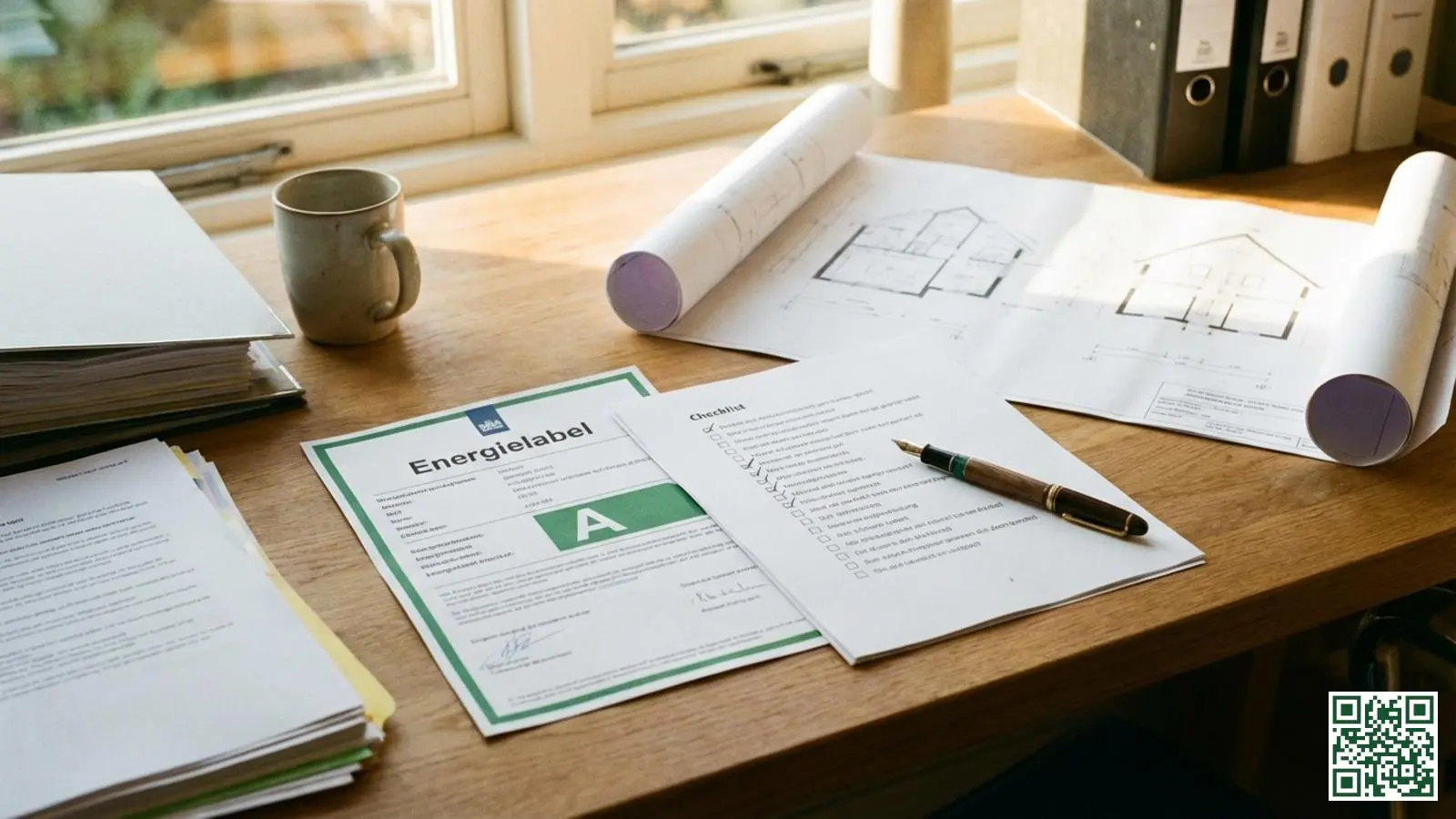 Officiële documenten en checklist voor ISDE subsidie voorwaarden op een bureau met energielabel