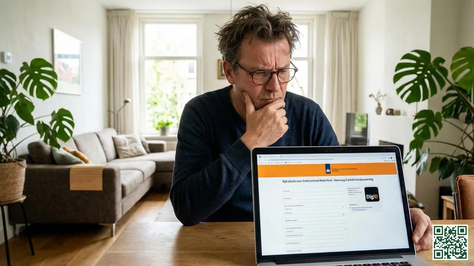 Woningeigenaar vult online ISDE subsidieaanvraag in op laptop in woonkamer