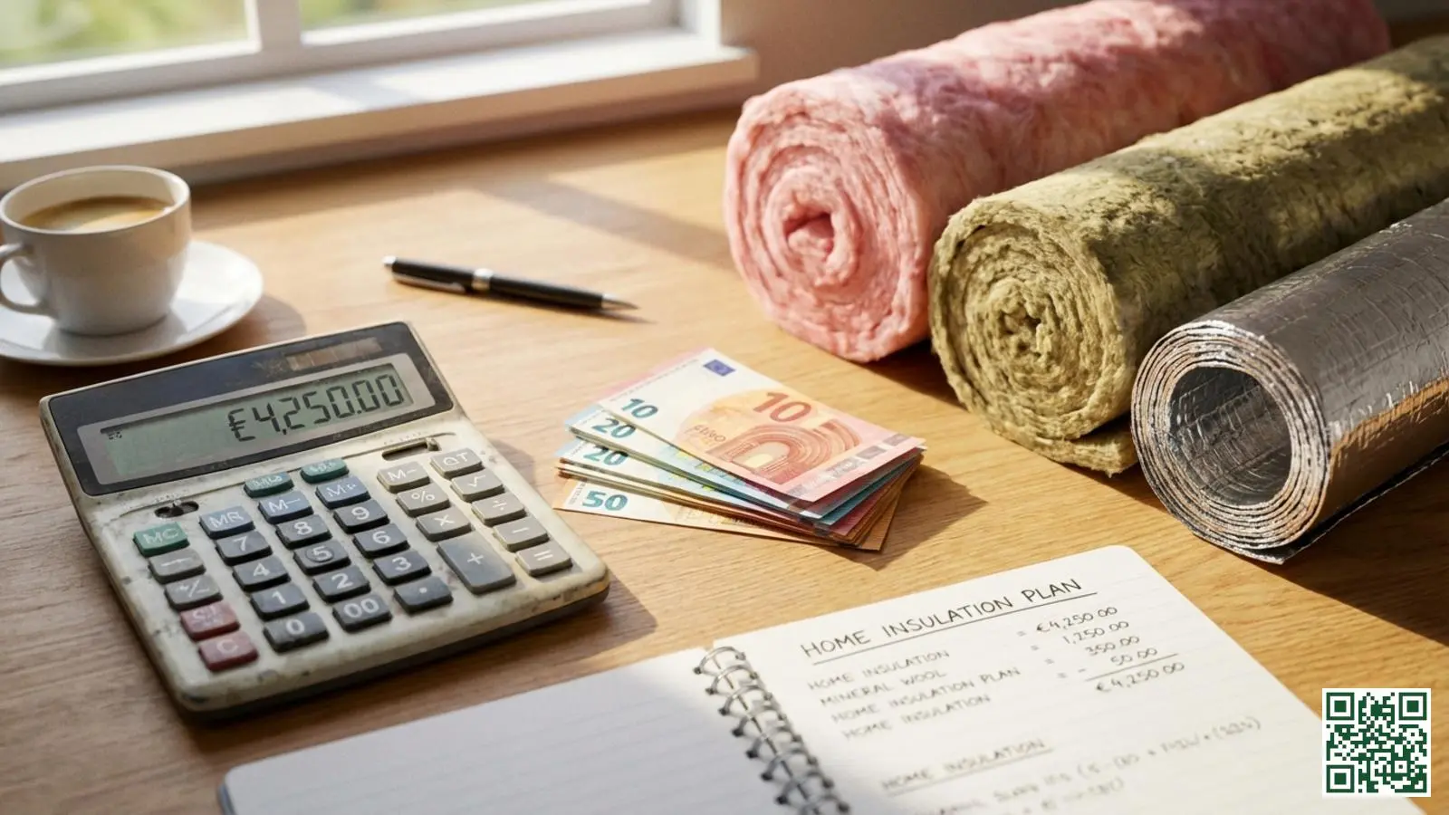 Rekenmachine naast eurobiljetten en isolatiemateriaal voor subsidieberekening dakisolatie