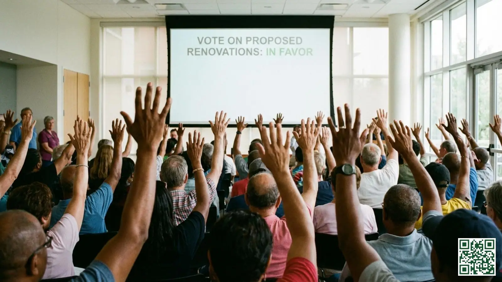 Stemming tijdens VvE-vergadering over dakisolatie met opgestoken handen van eigenaren