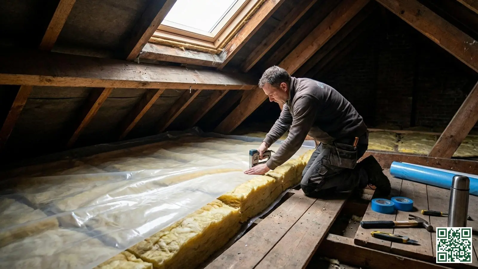 Vakman installeert dampscherm folie tegen houten dakbalken in een Nederlandse zolderruimte met zichtbare isolatie
