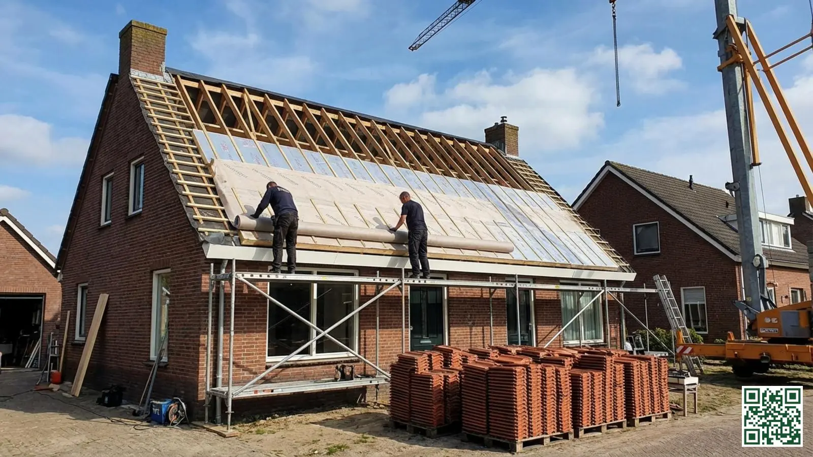 Buitenisolatie met sarking methode waarbij dampopen onderdakfolie wordt aangebracht op isolatieplaten