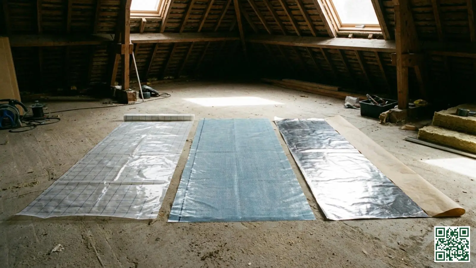 Verschillende soorten dampfolies naast elkaar uitgespreid voor vergelijking tijdens een dakisolatie project