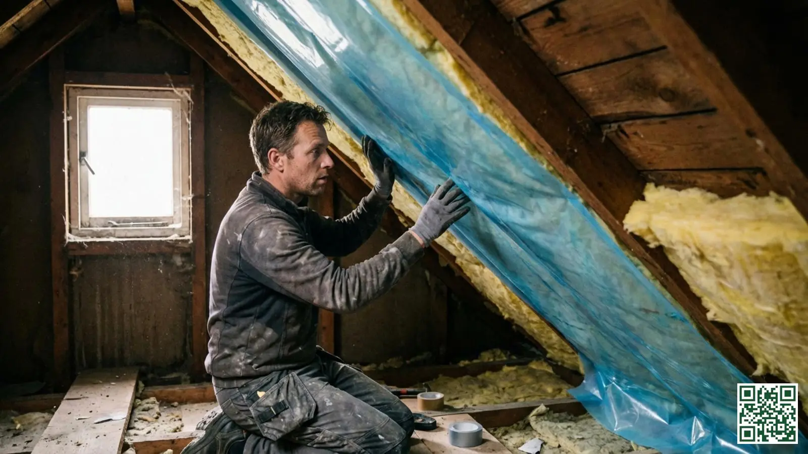 Vakman installeert een dampscherm folie tussen de houten dakbalken van een Nederlandse zolderruimte