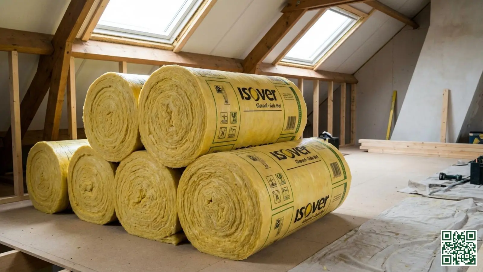 Gestapelde rollen gele glaswol isolatie klaar voor installatie bij een dakisolatie project