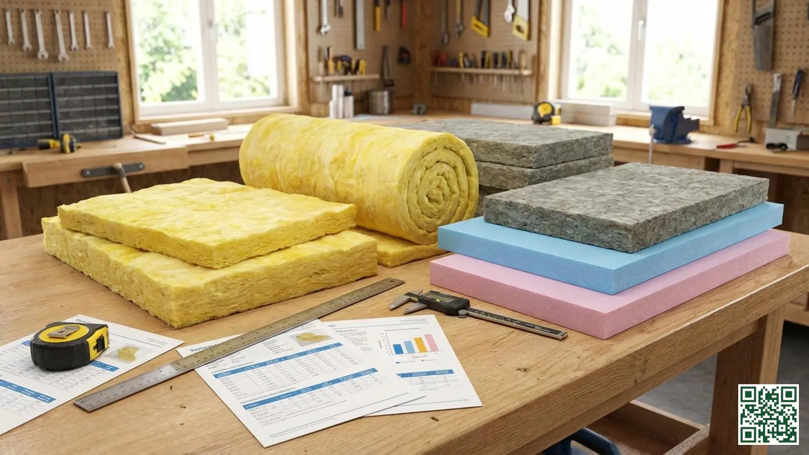 Verschillende isolatiematerialen met meetgereedschap en technische specificaties op een werkbank