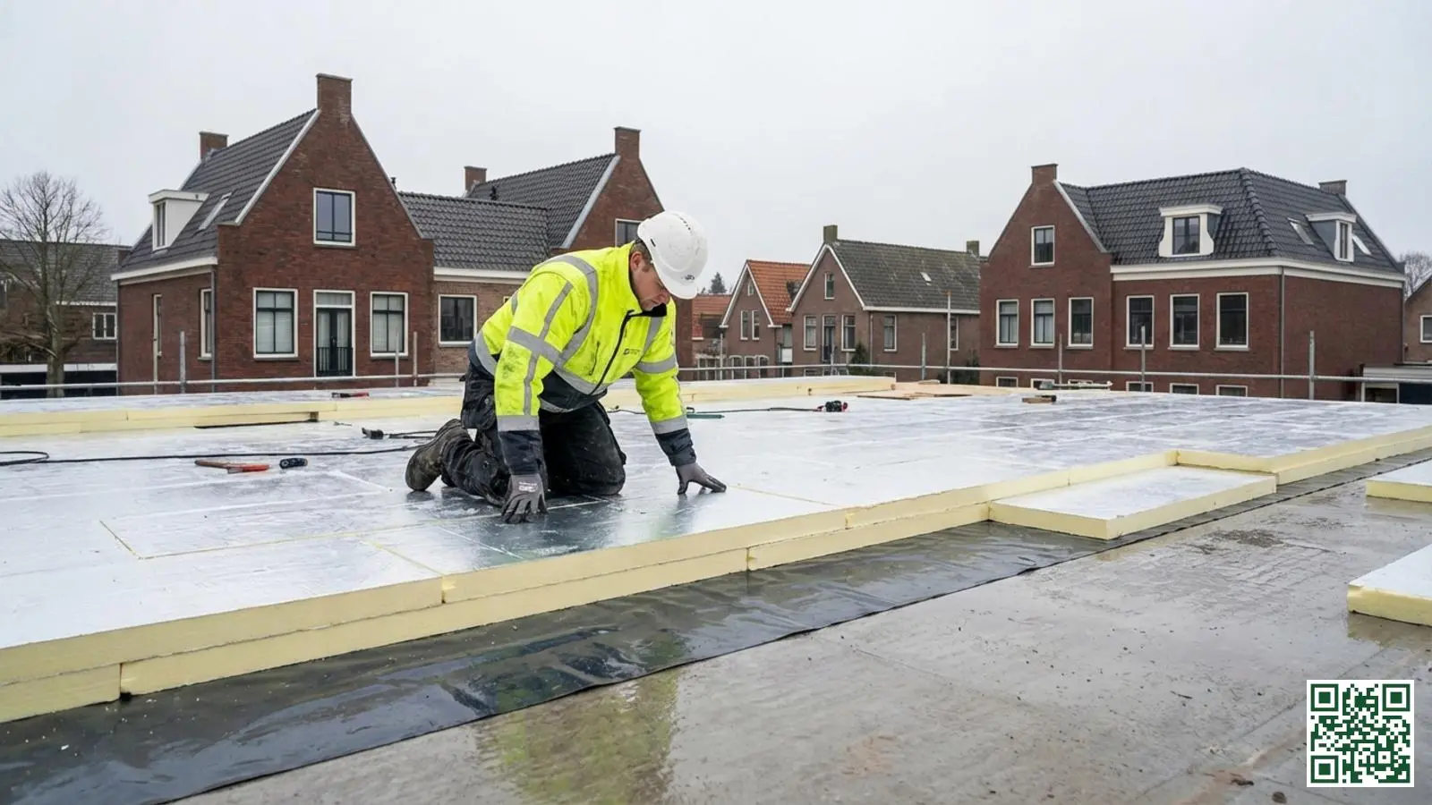 Vakman plaatst isolatieplaten op een plat dak bij een warme dakconstructie met zichtbare dampremlaag
