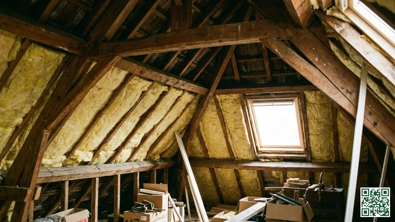 Zolderruimte met houten dakbalken en minerale wol isolatie waarbij de balken de isolatielaag onderbreken