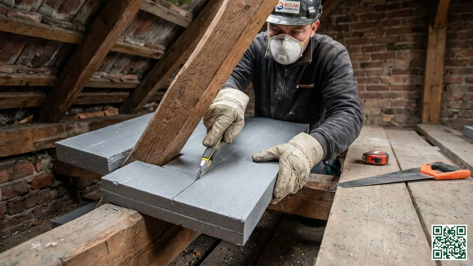 Vakman past isolatieplaat zorgvuldig rond een houten dakbalk om een koudebrug te voorkomen