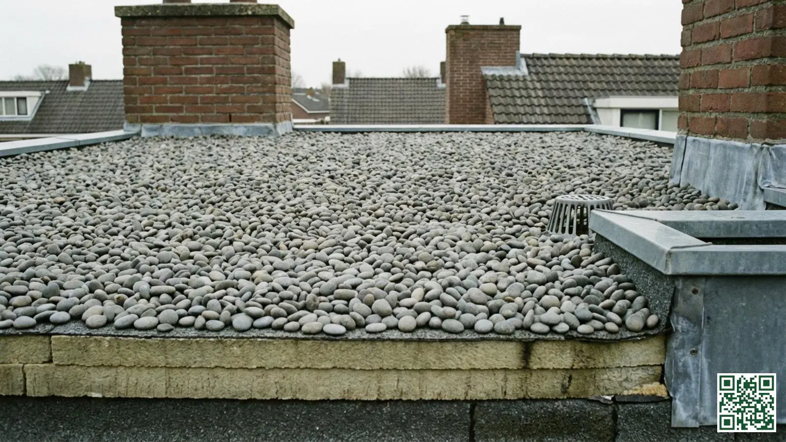 Grijze grindballast als afwerkingslaag op een omgekeerd plat dak bij een Nederlandse woning