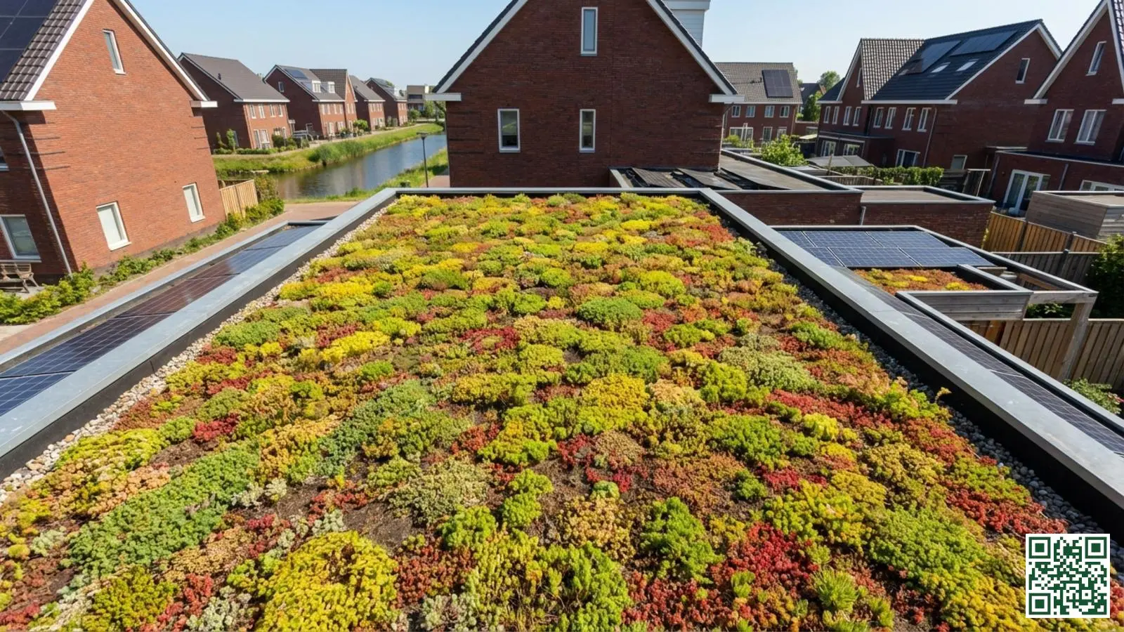 Groendak met sedum beplanting op een omgekeerde platte dakconstructie van een moderne woning