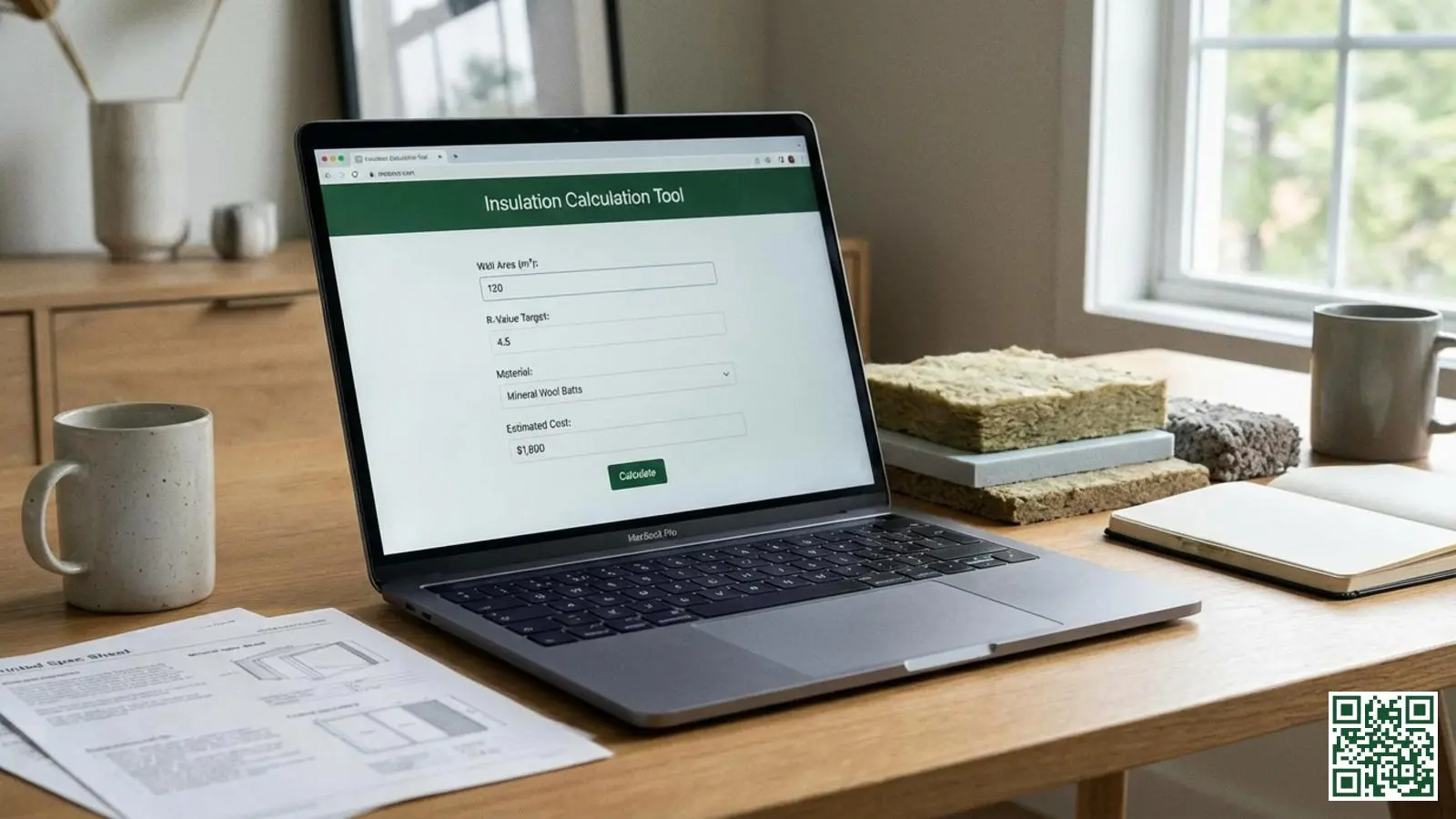 Laptop toont online rekentool voor dakisolatie berekeningen met isolatiemonsters ernaast