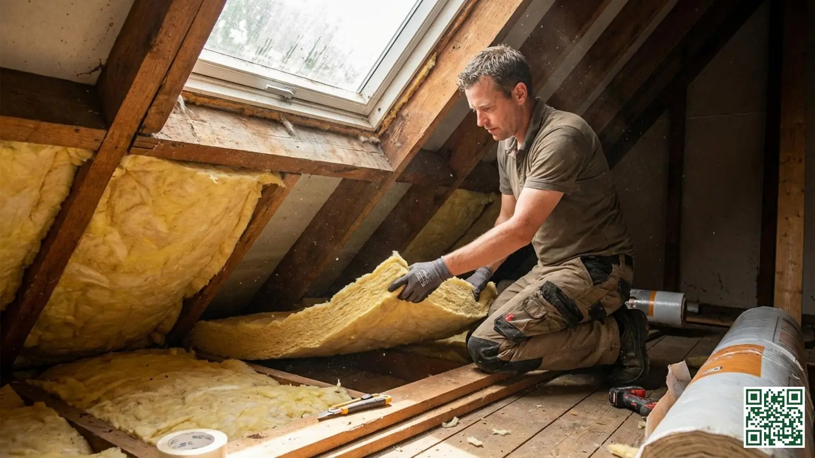 Vakman installeert dikke dakisolatie tussen de houten balken van een Nederlandse zolderruimte