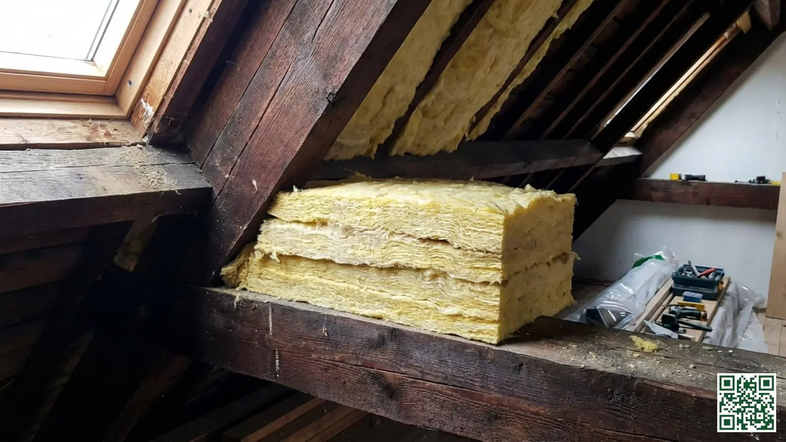 Dikke laag minerale wol isolatie tussen dakbalken voor een hoge R-waarde en optimale isolatie