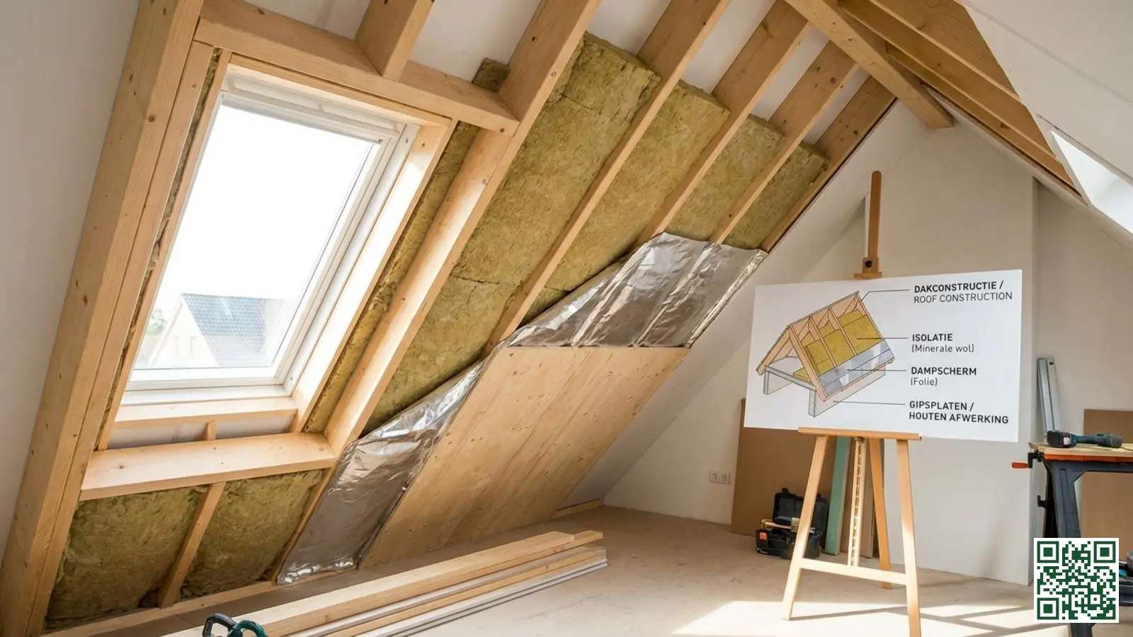 Doorsnede van een correct geïsoleerde dakconstructie met zichtbare isolatielagen en dampscherm in Nederlandse woning