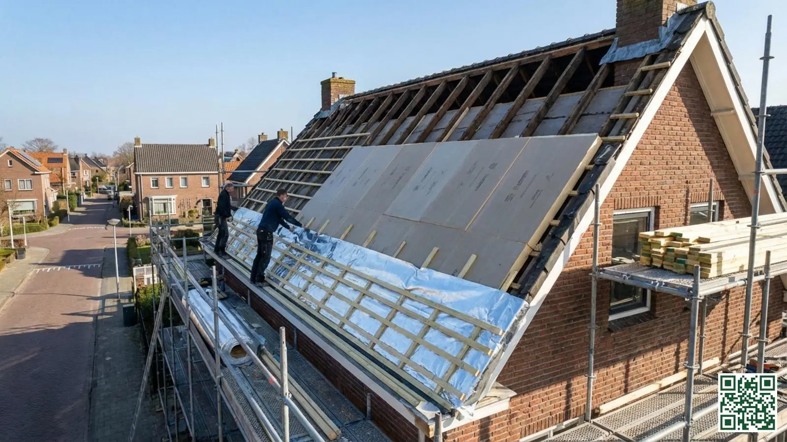 Installatie van sarking dakisolatie met isolatieplaten bovenop de dakconstructie van een Nederlandse woning