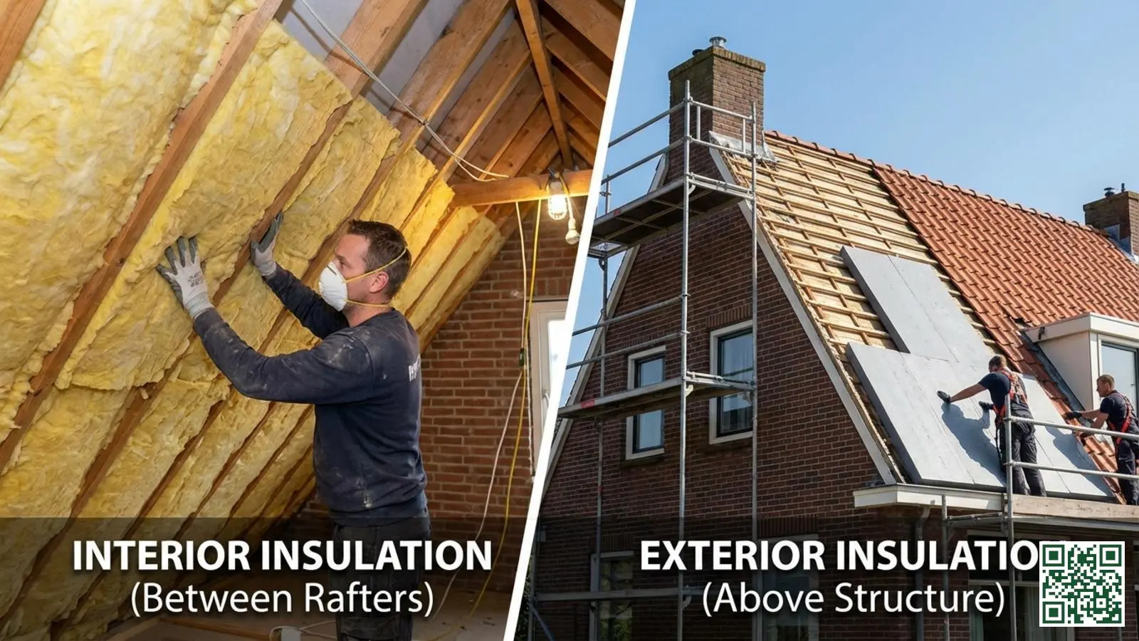 Vergelijking tussen dakisolatie aan de binnenzijde met minerale wol en buitenisolatie met isolatieplaten