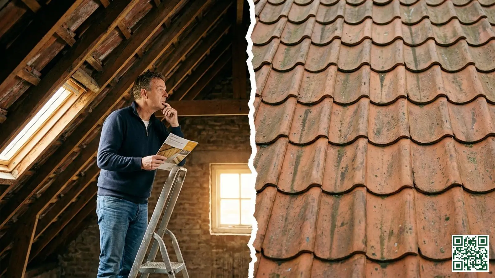 Huiseigenaar bekijkt de zolderruimte en overweegt verschillende dakisolatie methoden voor de woning