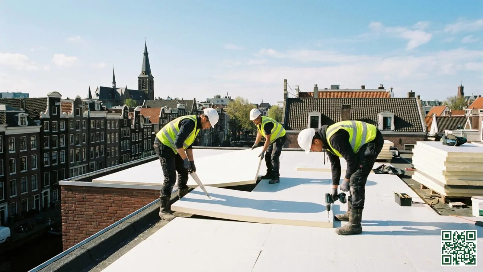 Professionele installateurs plaatsen isolatieplaten op het platte dak van een appartementencomplex