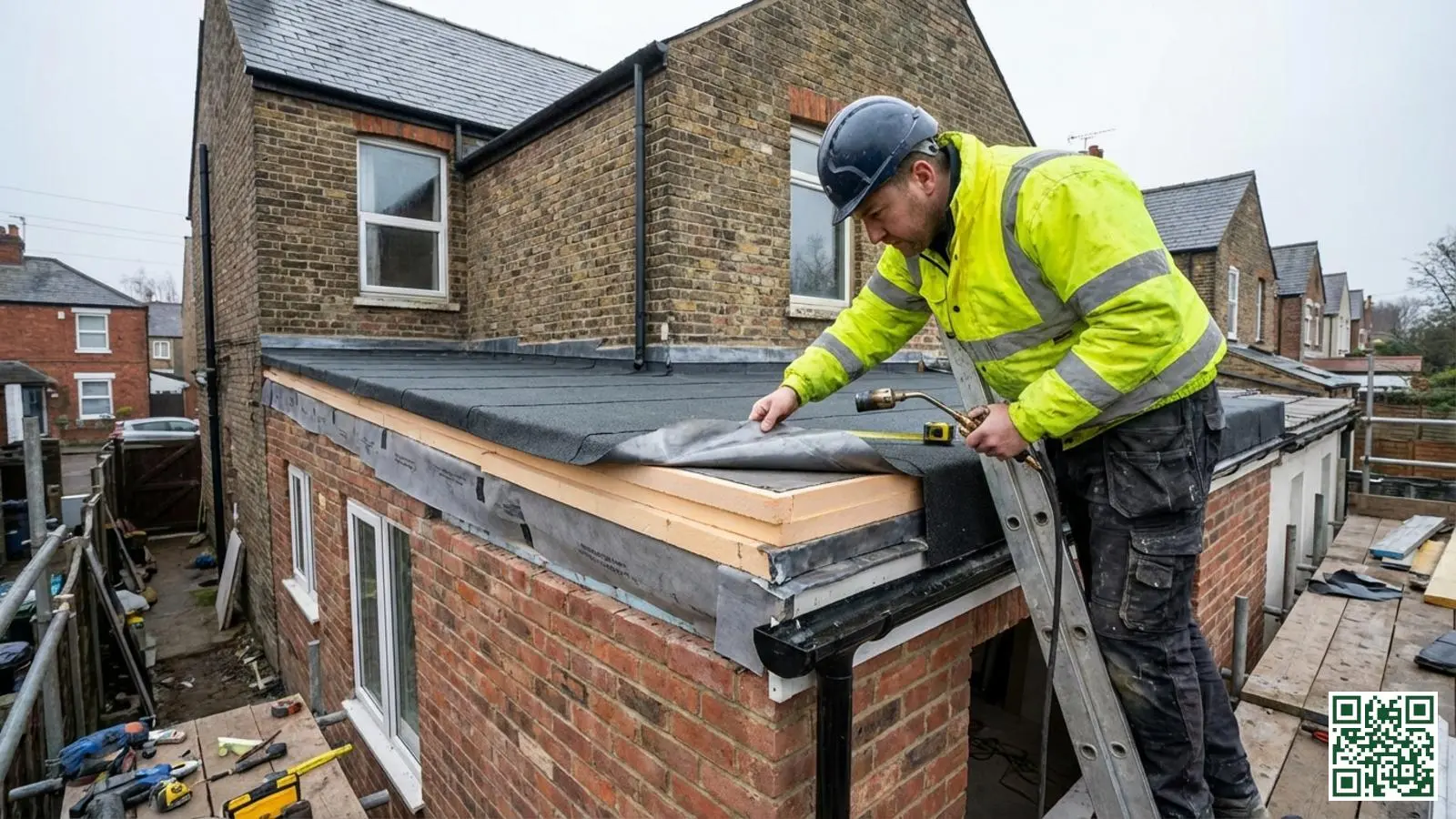 Vakman inspecteert zorgvuldig de aansluiting tussen het aanbouw dak en het hoofdgebouw