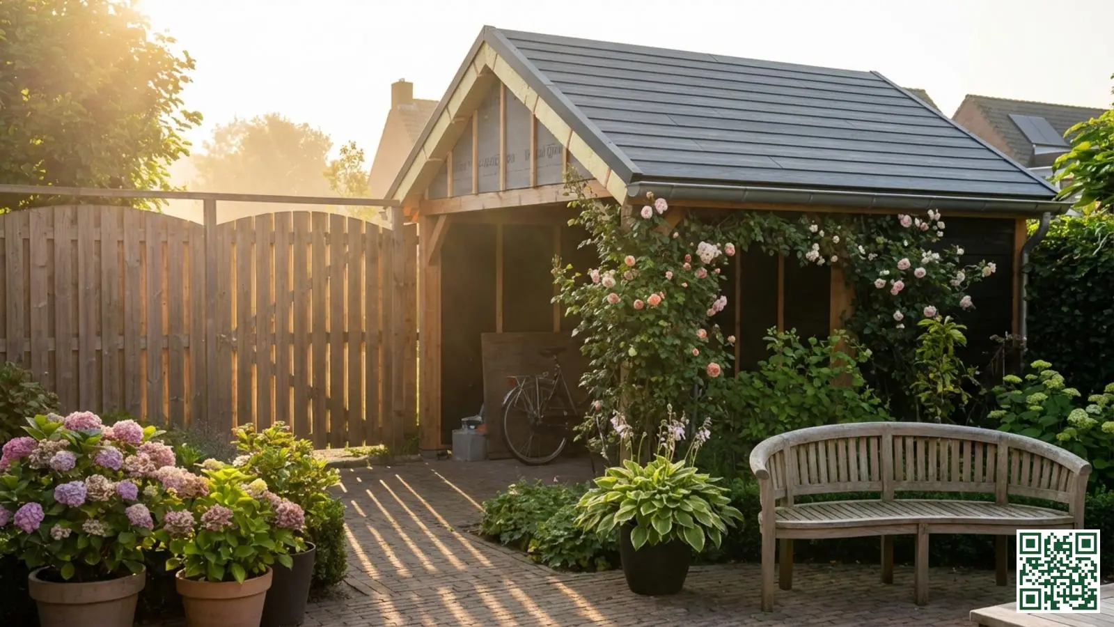 Nederlands bijgebouw met geïsoleerd dak in een verzorgde achtertuin met houten schutting en terras