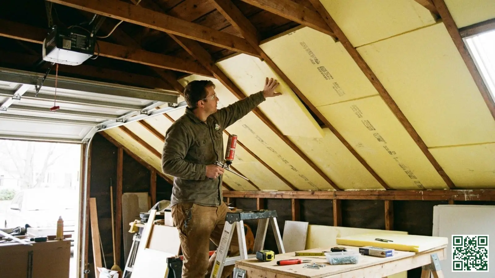 Doe-het-zelver plaatst isolatieplaten tegen de onderkant van een garagedak tussen de houten balken